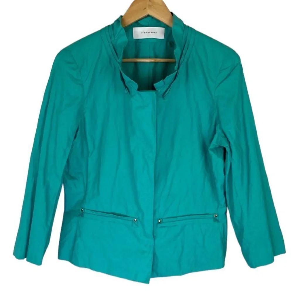 Tahari teal snap button closure ruffle neck